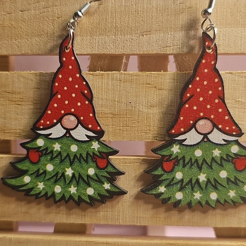 Wooden Festive Gnome Christmas Tree Earrings - Picture 2 of 3